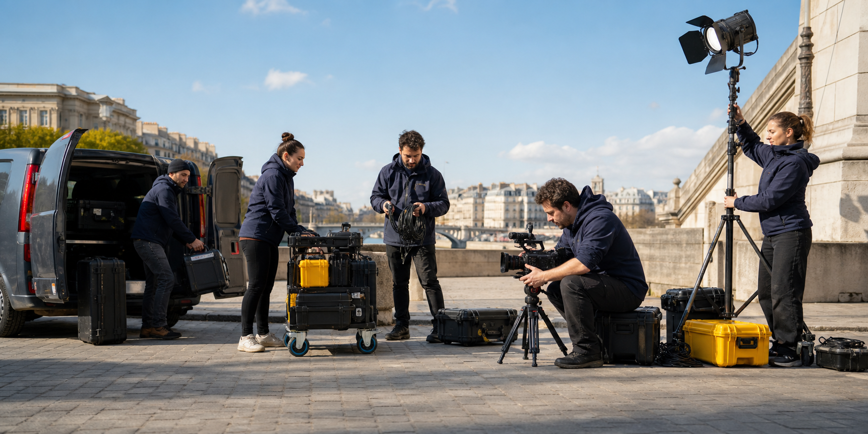 Équipe de tournage Production Films SARL en plein tournage avec caméra cinéma et éclairage professionnel