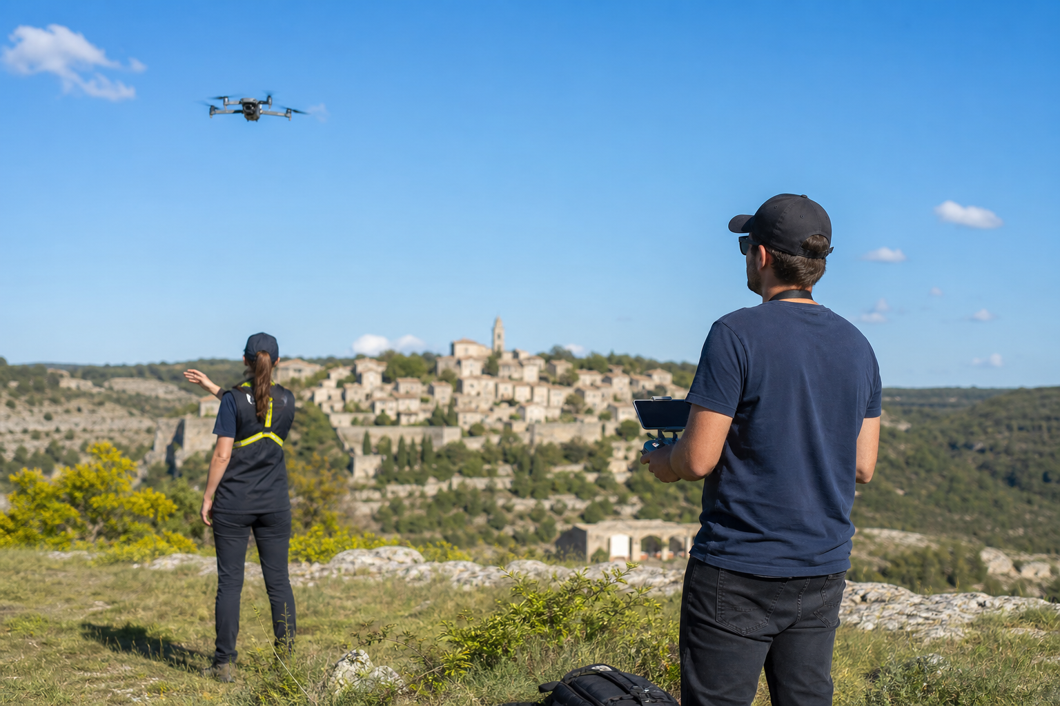 Technicien pilotant un drone professionnel pour une prise de vue aérienne
