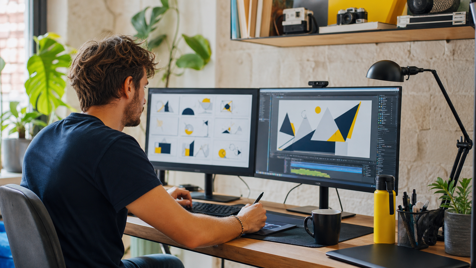 Graphiste créant une animation de motion design sur écran de montage