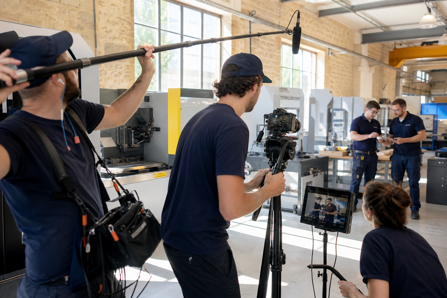 Tournage vidéo corporate en studio avec caméra sur trépied et interview cadrée